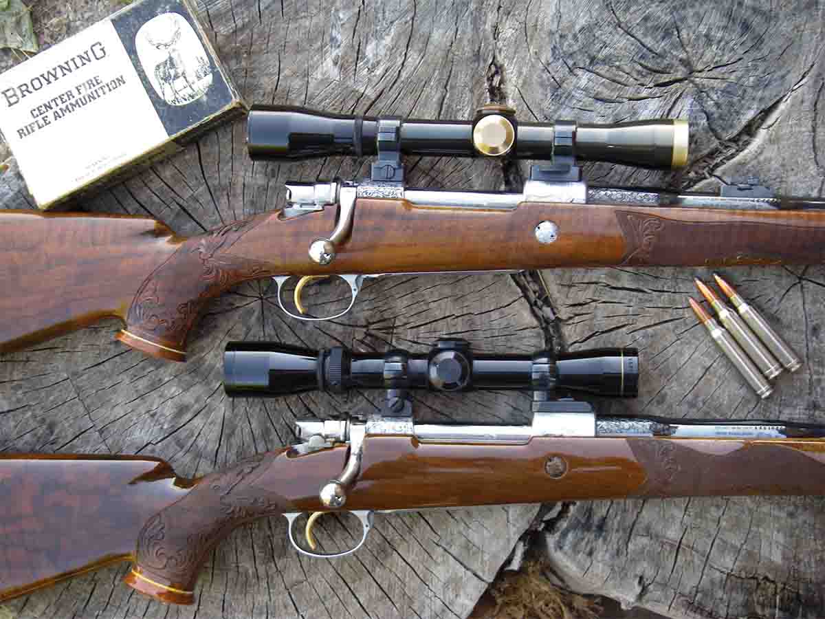 Browning High-Power Olympian Grade rifles were factory custom rifles with master engraved game scenes on the receivers and hand-carved stocks. The top rifle was Elmer Keith's; at bottom is a .30-06.